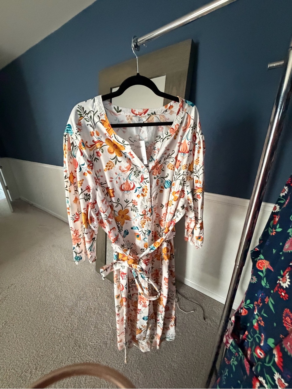 croft & barrow White Floral Tie-Waist Midi Dress with Orange and Teal Accents